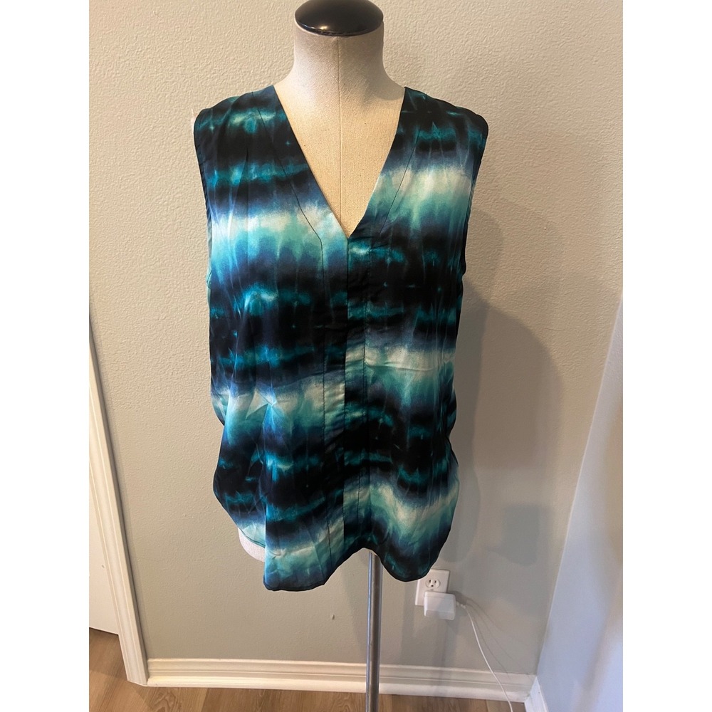 Vintage Havana Womens Large Tie Dye Satin Blouse Teal Blue Black Sleeveless Top
